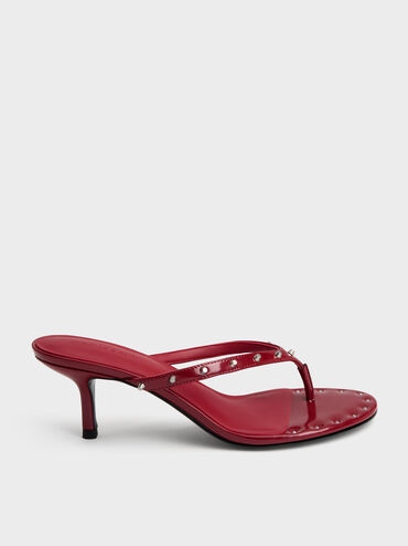 รองเท้าแตะหนีบส้นสูงประดับหมุดรุ่น Briella, สีแดง, hi-res