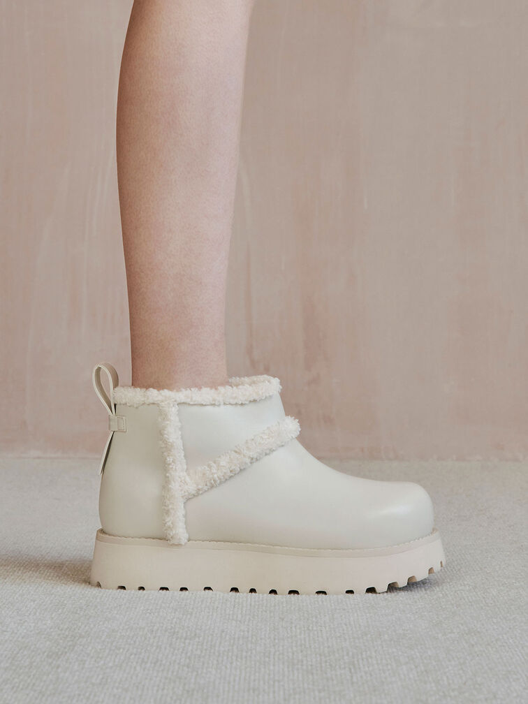 Fur-Trim Flatform Ankle Boots, , hi-res