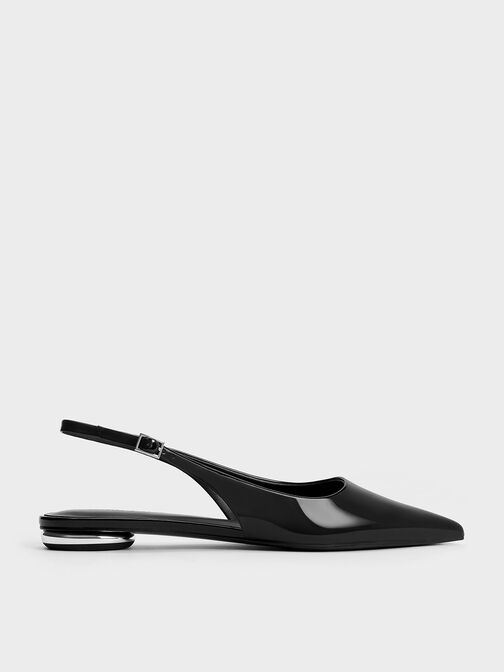 Patent Pointed-Toe Slingback Flats, หนังแก้วสีดำ, hi-res