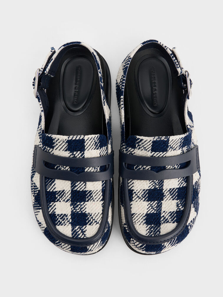 Checkered Slingback Penny Loafers, Dark Blue, hi-res