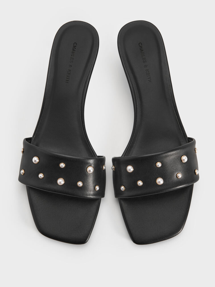Susie Pearl-Embellished Square-Toe Kitten-Heel Mules, Black, hi-res