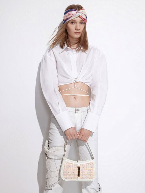 Cesia Metallic Accent Tweed Shoulder Bag, สีขาว, hi-res