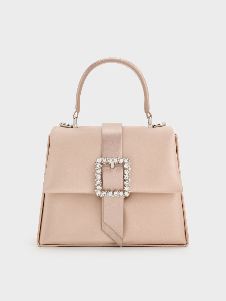 Satin Crystal-Buckle Belted Top Handle Bag, Sunset Nude, hi-res