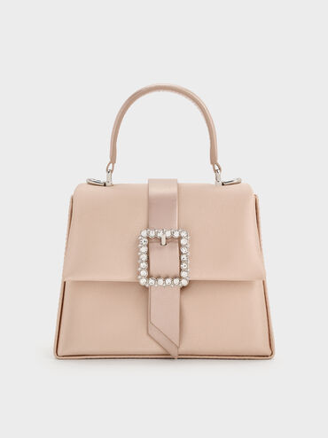Satin Crystal-Buckle Belted Top Handle Bag, Sunset Nude, hi-res