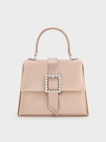 Satin Crystal-Buckle Belted Top Handle Bag, Sunset Nude, hi-res
