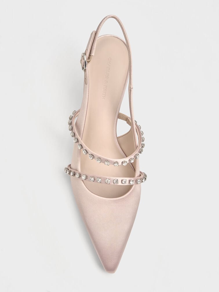 Satin Crystal-Embellished Slingback Mary Jane Pumps, Pink, hi-res