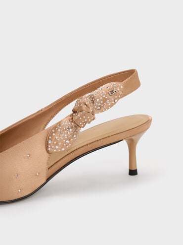 รองเท้าส้นสูงวัสดุโพลีเอสเตอร์รีไซเคิลพร้อมสายรัดส้นดีเทลประดับโบว์ผูกปมตกแต่งคริสตัลรุ่น Jayce, สีนู้ด, hi-res