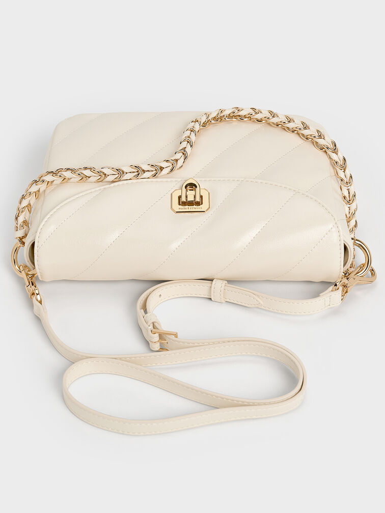 กระเป๋าสะพายไหล่ลายเส้นดีไซน์ที่ปิดด้านหน้ารุ่น Fawn, สีครีม, hi-res