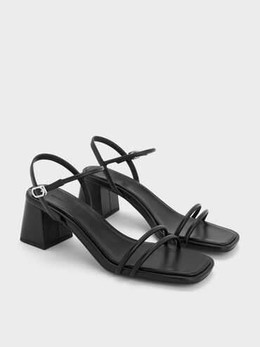 Strappy Trapeze-Heel Ankle-Strap Sandals, Black, hi-res