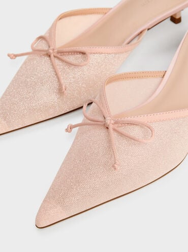 Glittered Mesh Bow Kitten Heels, Pink, hi-res