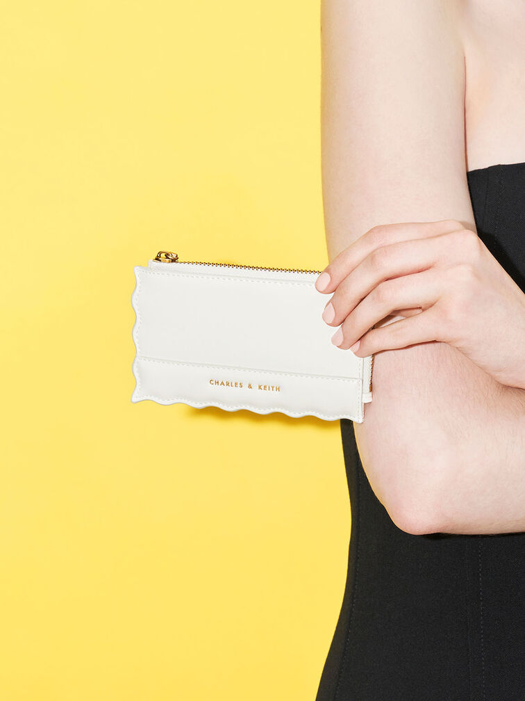 Wavy Trim Zip Wallet, White, hi-res