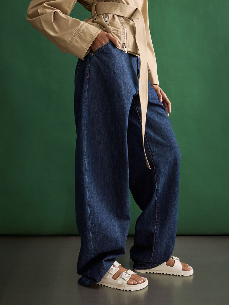 รองเท้าแตะดีไซน์สายคาดแบบคู่พร้อมหัวเข็มขัดประดับเพชร, สีชอล์ค, hi-res