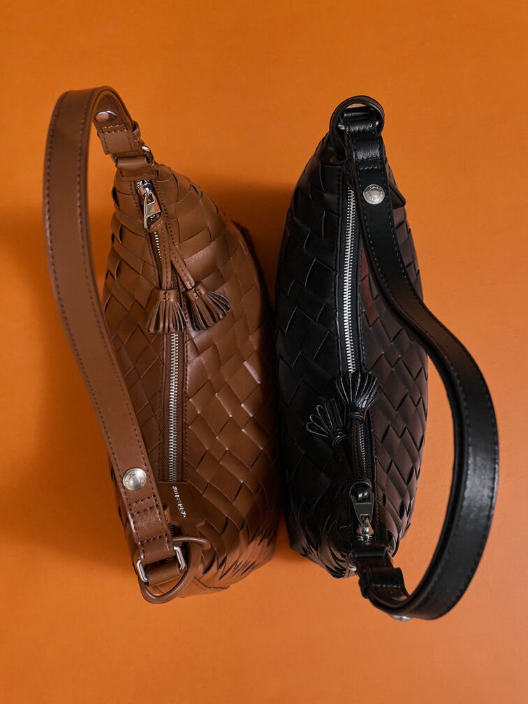 Ivette Woven Tassel Hobo Bag, Noir, hi-res