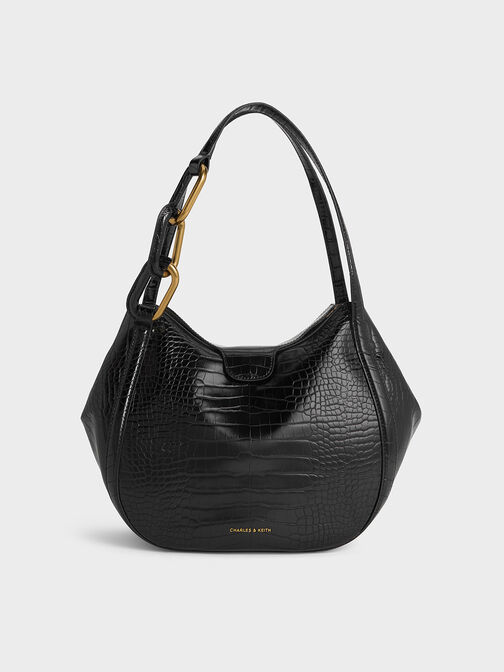 กระเป๋าโท้ทตกแต่งอะไหล่เมทัลลิครุ่น Kora, สีดำ, hi-res