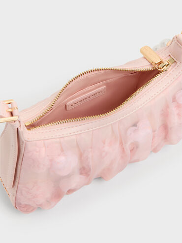 เซ็ตของขวัญ: กระเป๋าสะพายไหล่ดีเทลผ้าตาข่ายและดอกไม้พร้อมสายประดับมุก, สีชมพูอ่อน, hi-res