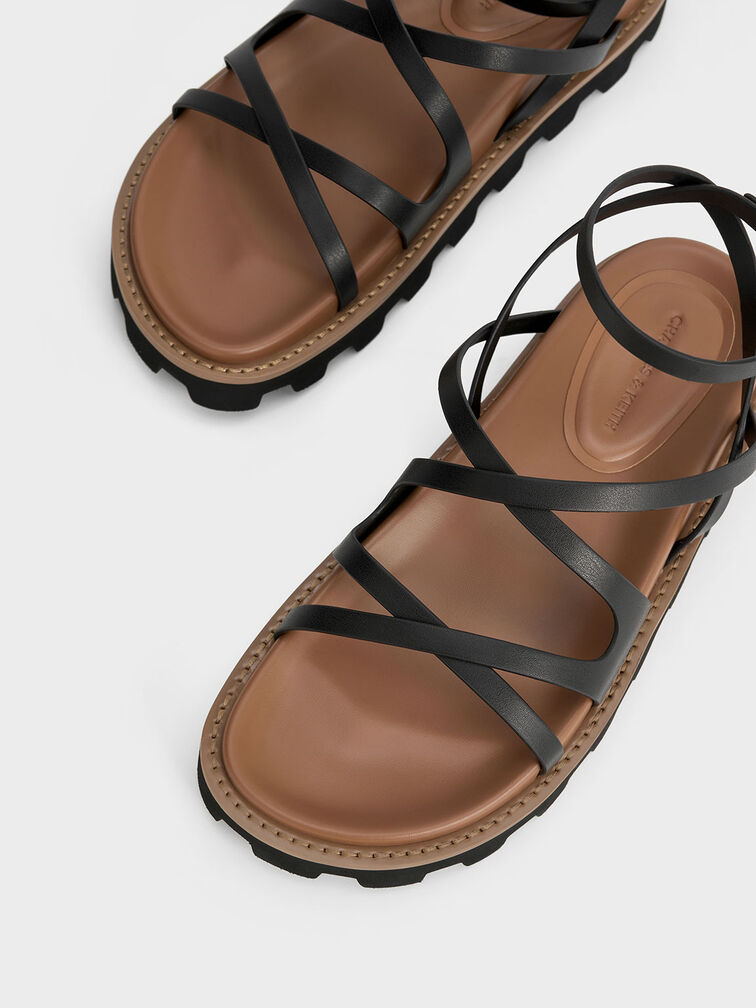 Crossover Ankle-Strap Sandals, Black, hi-res