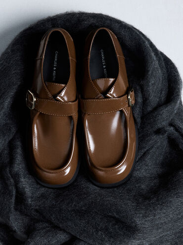 Buckled-Strap Loafers, Brown, hi-res