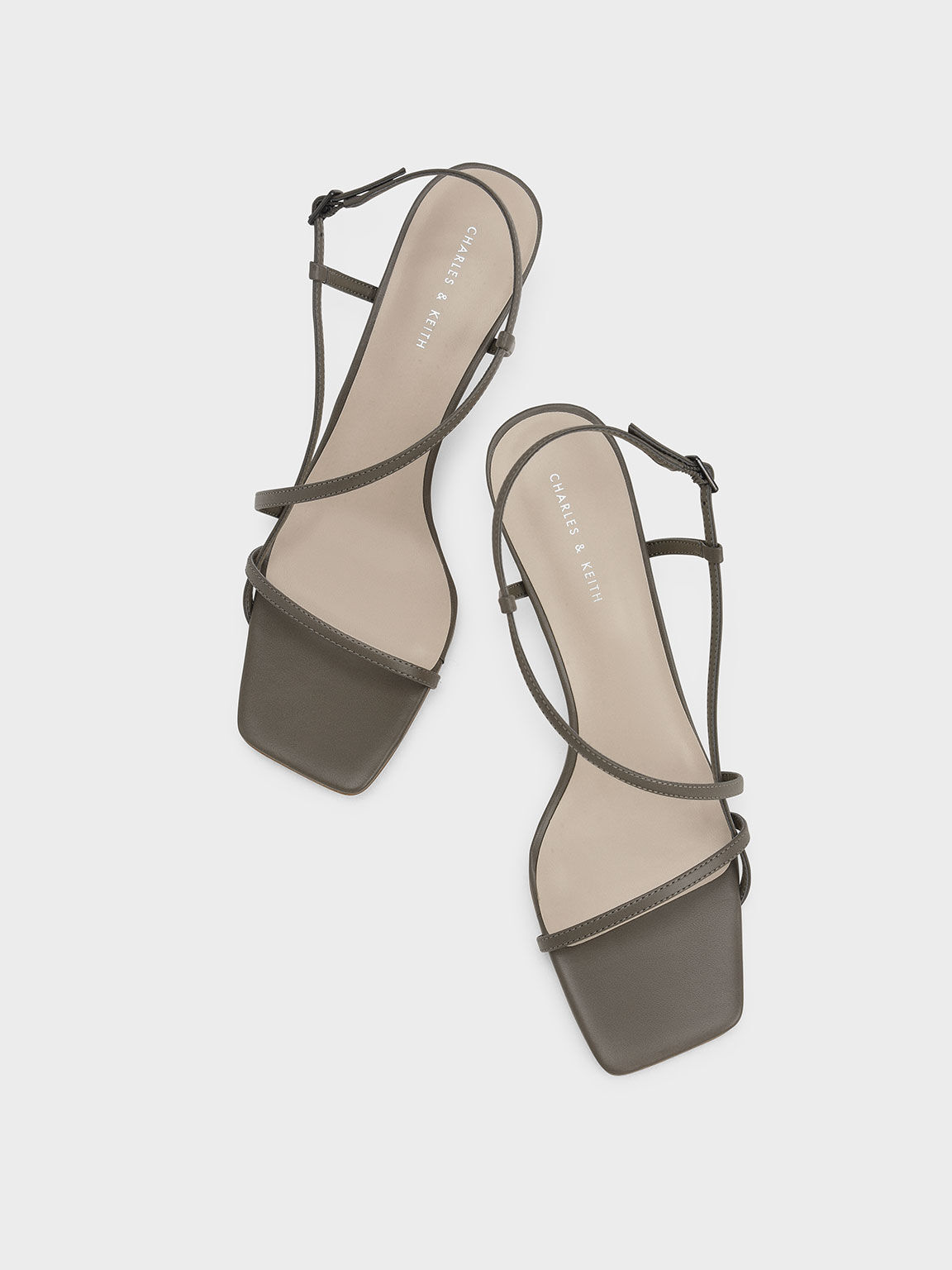 Asymmetric Strap Heeled Sandals, Olive, hi-res