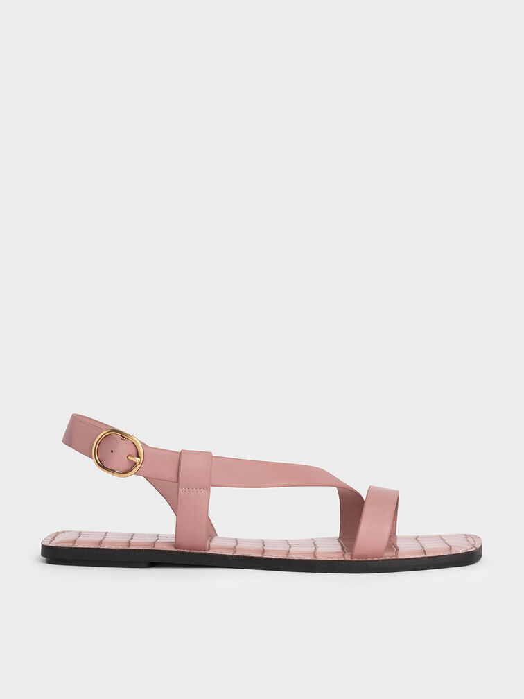 Croc-Effect Asymmetric Slingback Flat Sandals, , hi-res