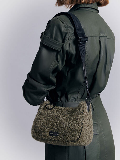 Philomena Furry Chain-Strap Crossbody Bag, Khaki, hi-res