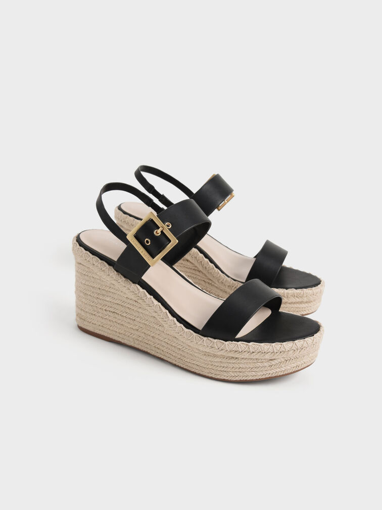 Buckled Espadrille Wedges, สีดำ, hi-res