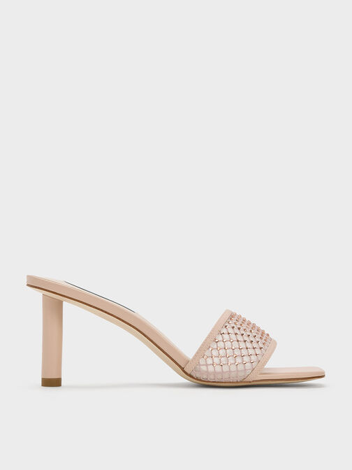 Gem-Encrusted Cylindrical Heel Mesh Sandals, , hi-res