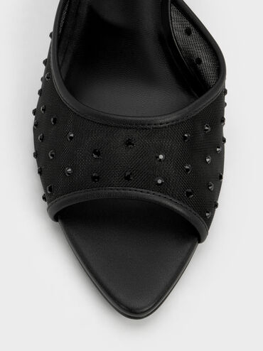 Mesh Crystal Peep-Toe Heeled Mules, Black Textured, hi-res
