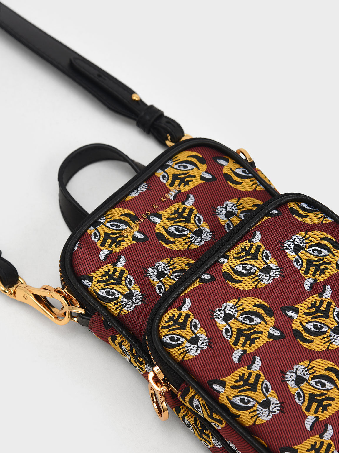 Tiger Print Jacquard Long Crossbody Bag, Red, hi-res