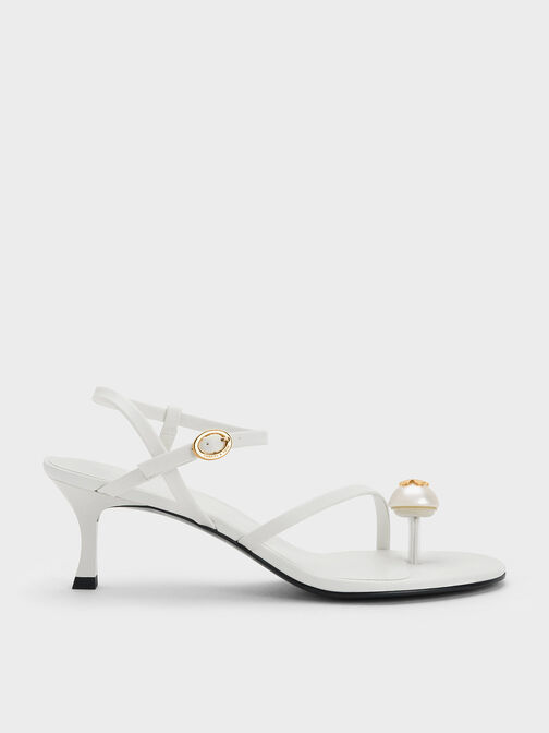 Pearl Embellished Strappy Sandals, สีขาว, hi-res