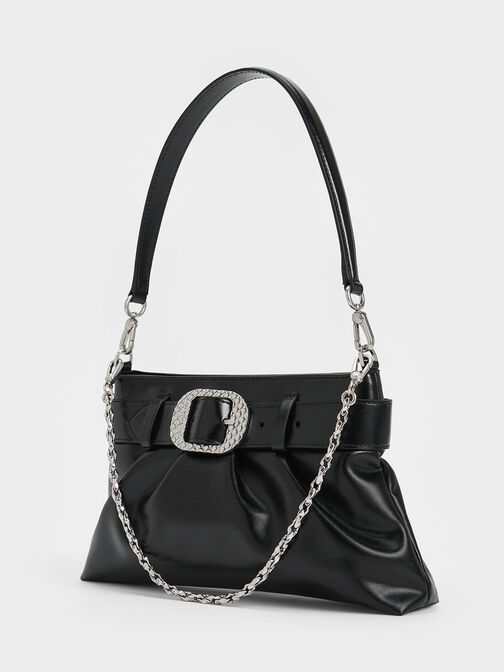 Avis Belted Ruched Shoulder Bag, สีดำอะไหล่สีเงิน, hi-res