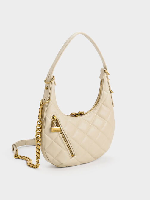 Swing Padlock Quilted Crescent Bag, สีเบจ, hi-res