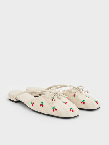 Cherry-Print Pearl-Accent Bow Flat Mules, Multi, hi-res