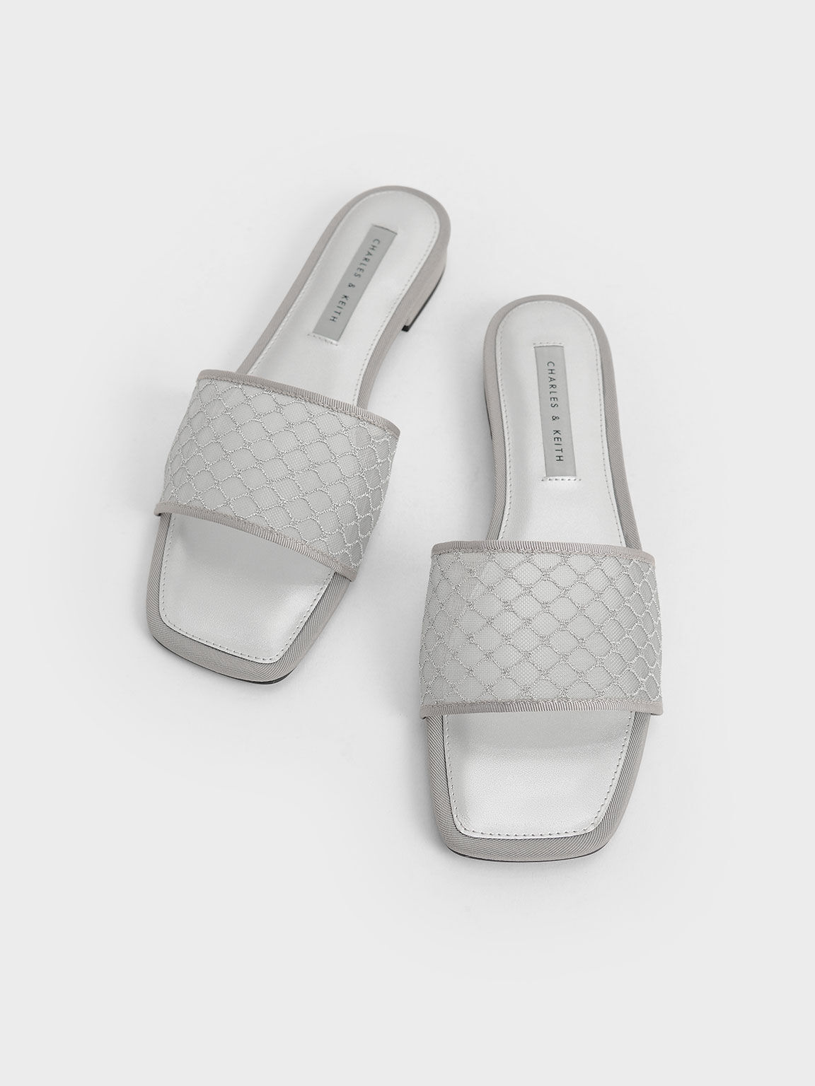 Mesh & Grosgrain Slide Sandals, Silver, hi-res