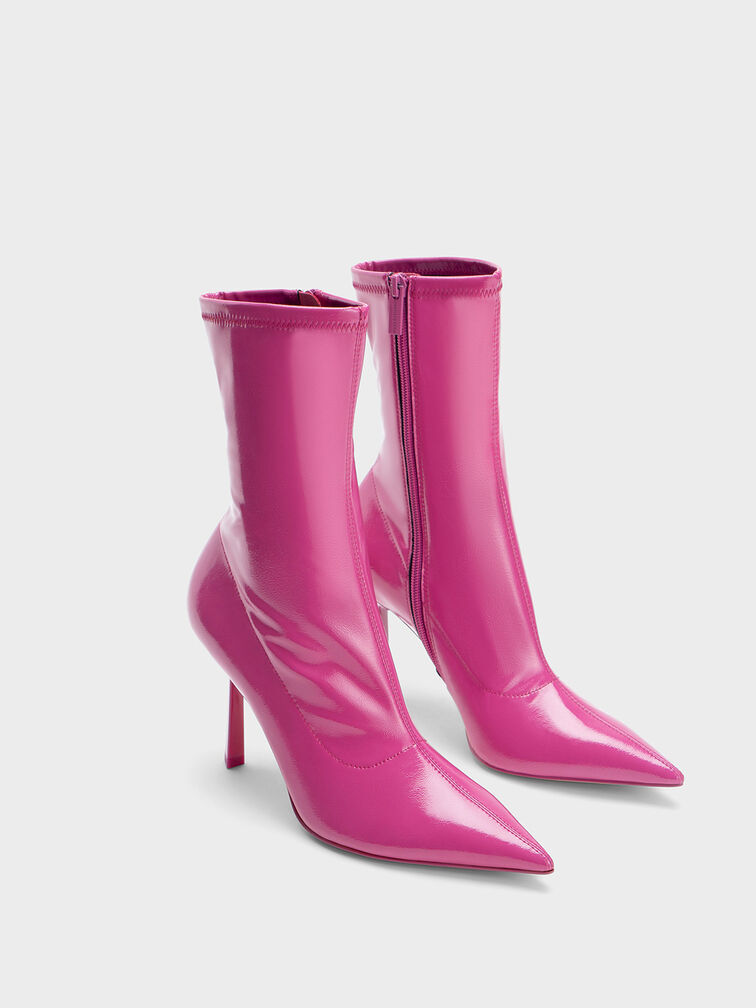 Patent Crinkle-Effect Pointed-Toe Stiletto Heel Ankle Boots, , hi-res