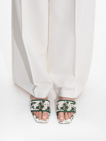 Floral-Print Slide Sandals, Green, hi-res