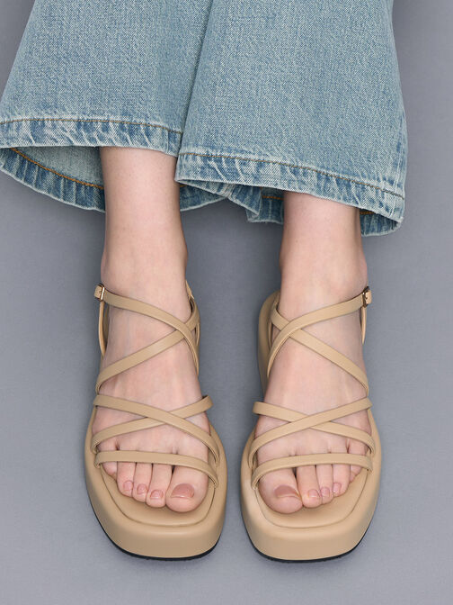 Strappy Padded Flatforms, Sand, hi-res