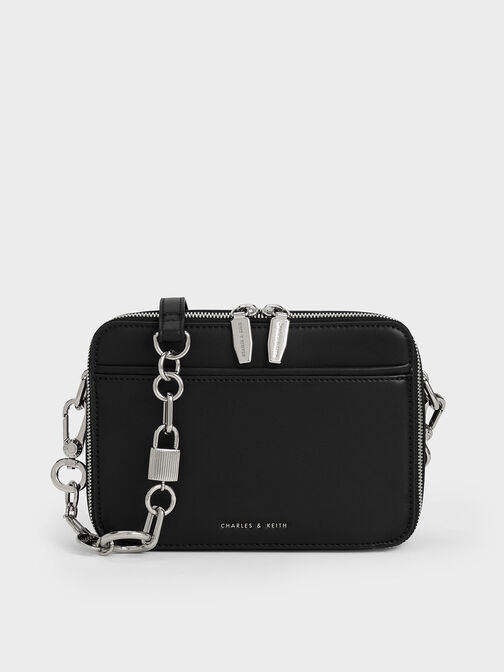 Lock & Key Chain Handle Bag, สีดำอะไหล่สีเงิน, hi-res