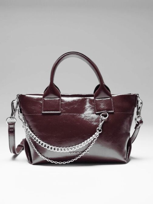 Atwood Crinkle-Effect Chain-Embellished Tote Bag, Burgundy, hi-res