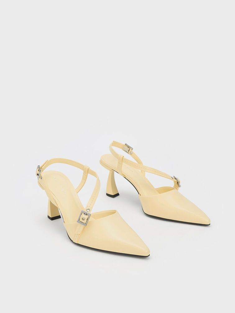 Asymmetric Curved Heel Slingback Pumps, สีบัตเตอร์, hi-res