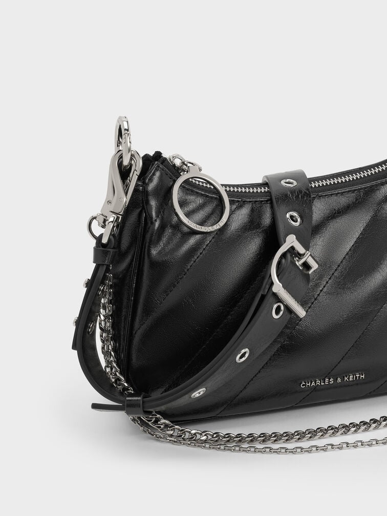 Philomena Crinkle-Effect Chain-Strap Crossbody Bag, Noir, hi-res