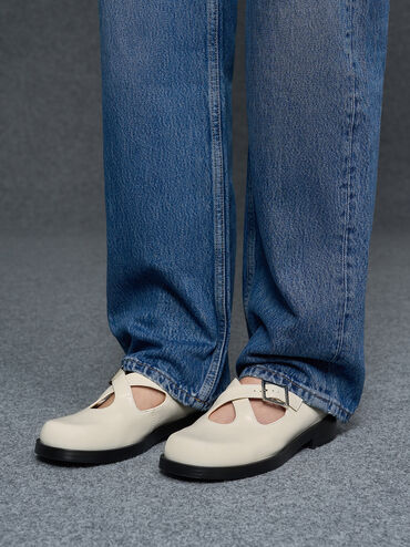 Buckled Crossover-Strap Slip-On Flats, Chalk, hi-res