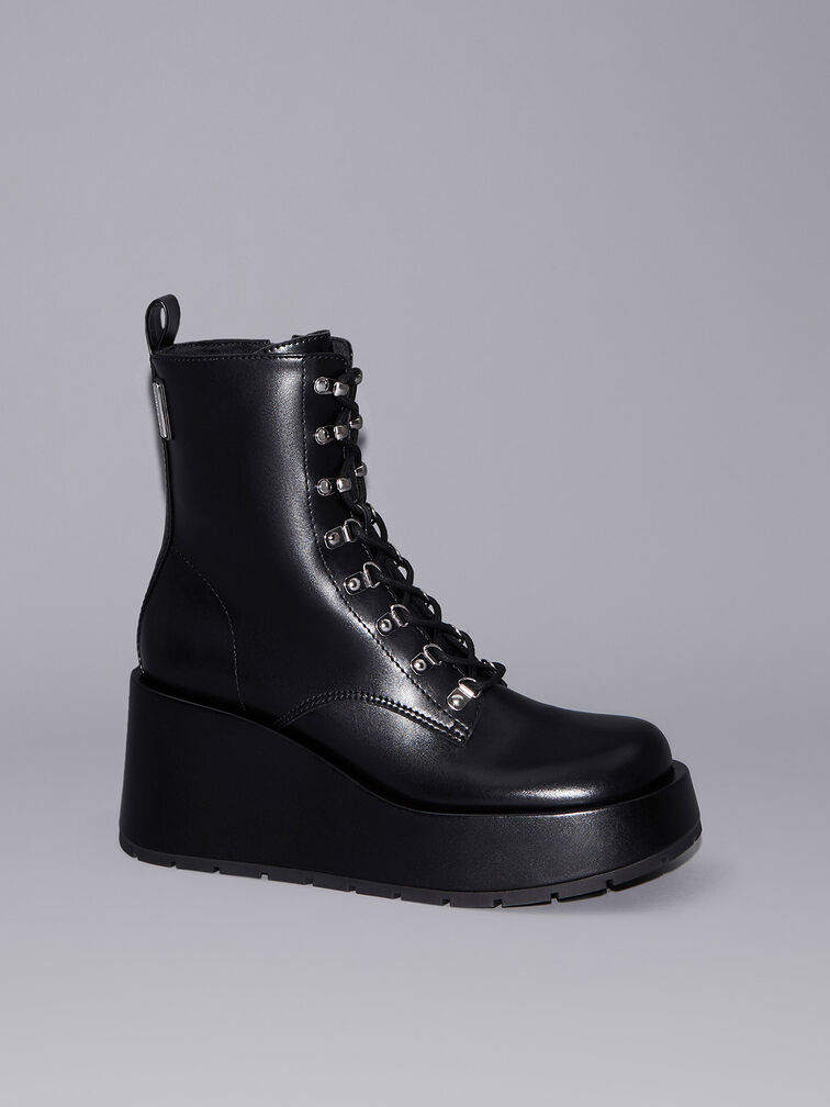 Lace-Up Platform Wedge Ankle Boots, สีดำ, hi-res