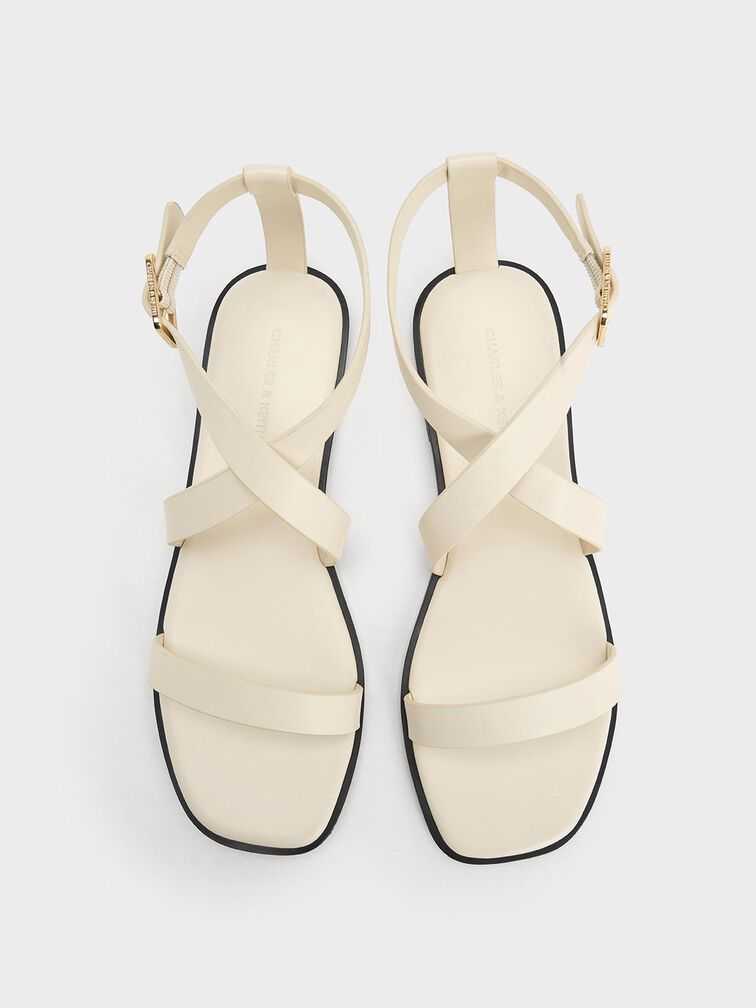 Crossover-Strap Square-Toe Sandals, Chalk, hi-res