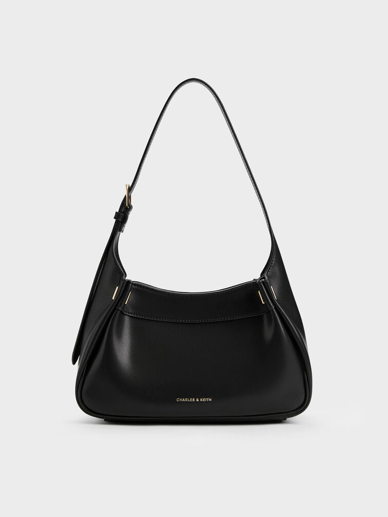Clarice Pleated Shoulder Bag, Black, hi-res