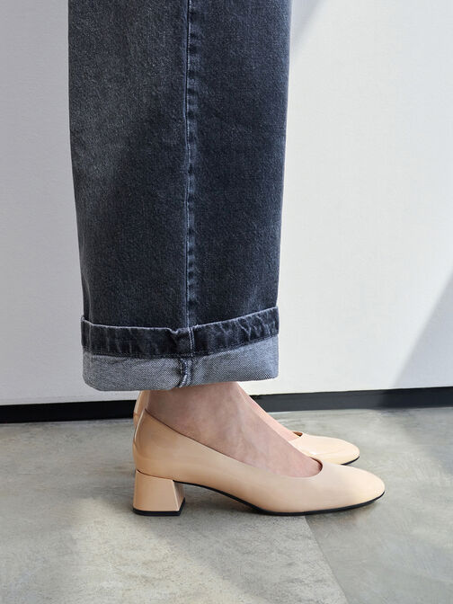 Patent Round-Toe Block-Heel Pumps, Nude, hi-res