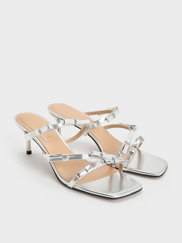 Jessy Metallic Leather Bow Heeled Sandals, Silver, hi-res