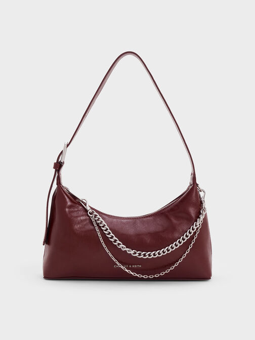 Atwood Crinkle-Effect Chain-Embellished Hobo Bag, Burgundy, hi-res