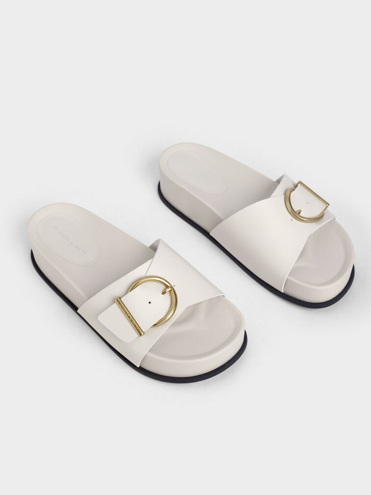 Metallic Buckle Flatform Sandals, , hi-res