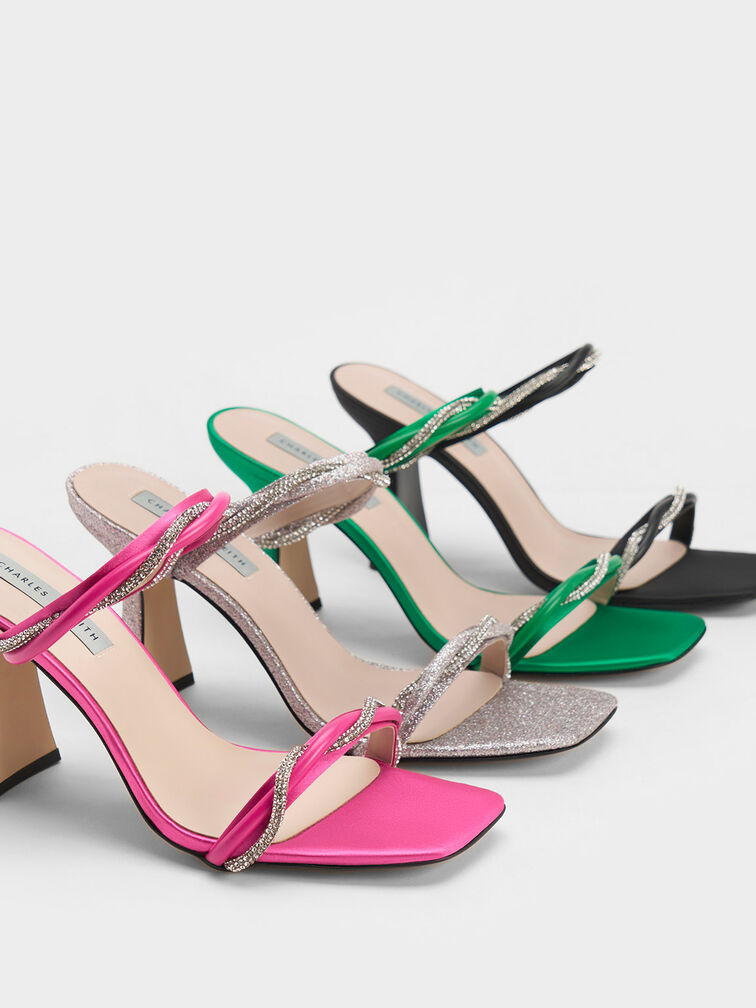 Embellished Twisted Strap Satin Sandals, , hi-res