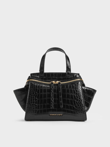 Pansy Trapeze Croc-Effect Top Handle Bag, Black, hi-res